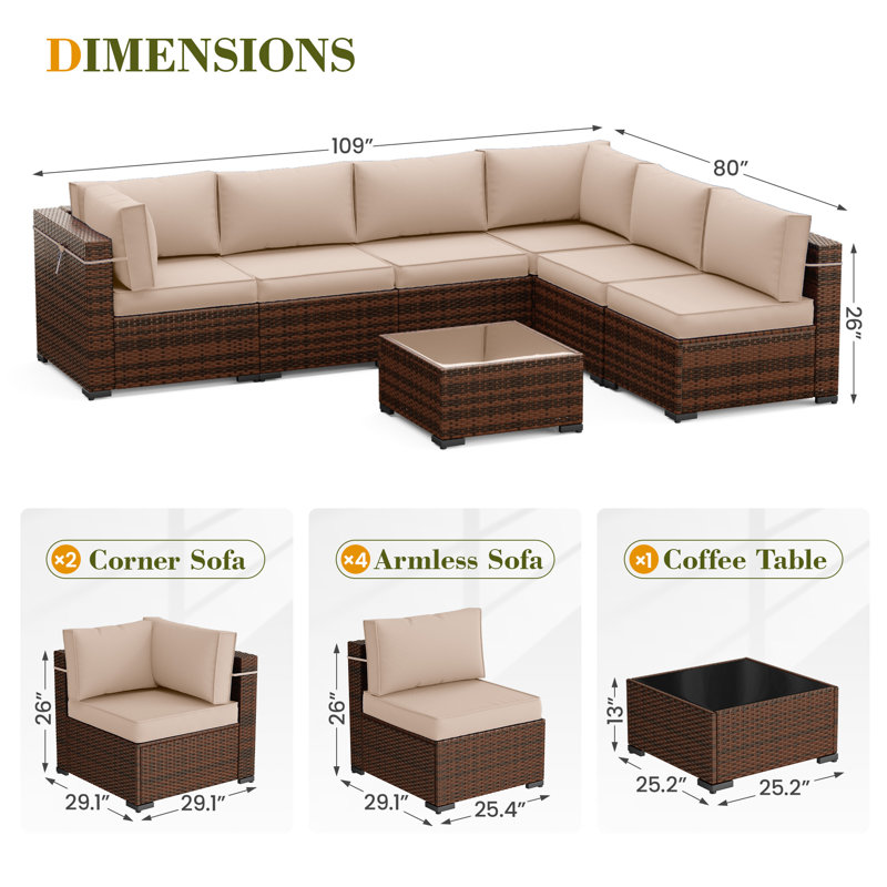 Ensemble de conversation modulaire en osier avec coussins 2 pièces, Kaki