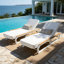 Chaise longue d'extérieur réglable à 5 positions avec coussin, chaise longue inclinable avec accoudoirs en bois de teck, pour cour arrière près de la piscine