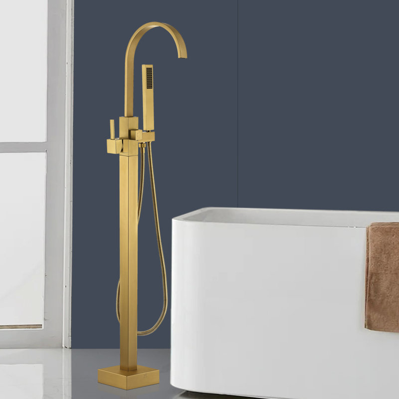 Single Handle Floor Mounted Tub Faucet with Handshower, Brushed Brass