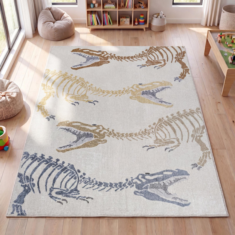 Tapis crème / multicolore pour enfants Kingdarr T-Rex, Rectangle 2 pi 11 po x 4 pi 11 po, Cream/Multi