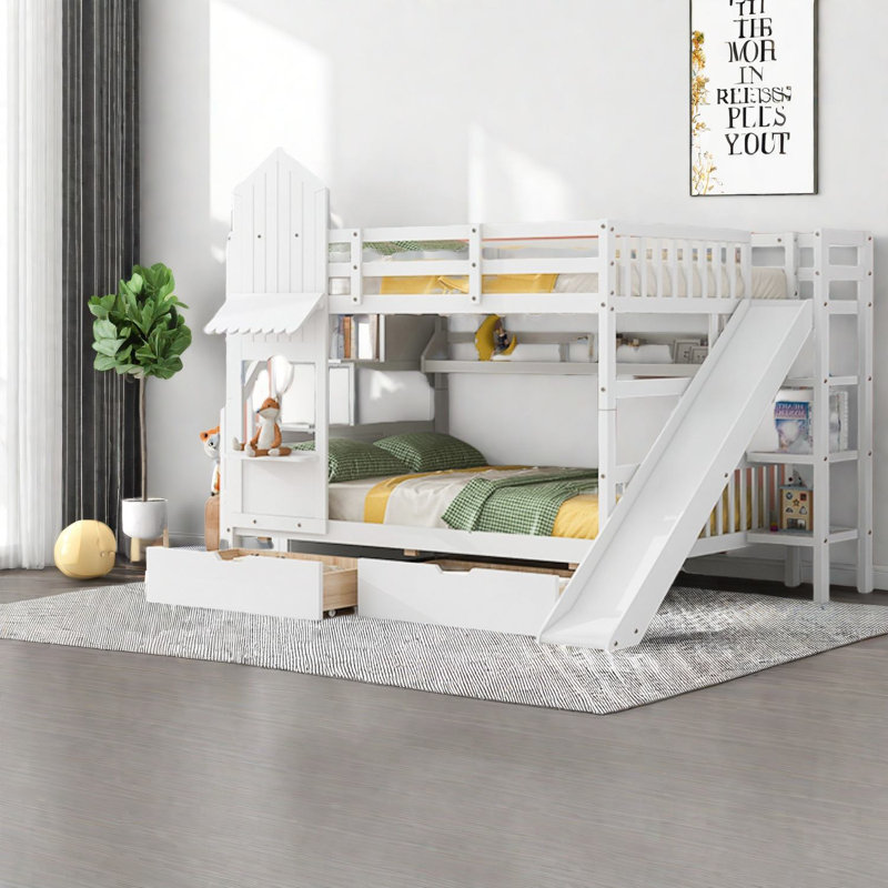 Lit superposé en bois de pin robuste avec rangement et glissade, style château pour chambre d'enfant