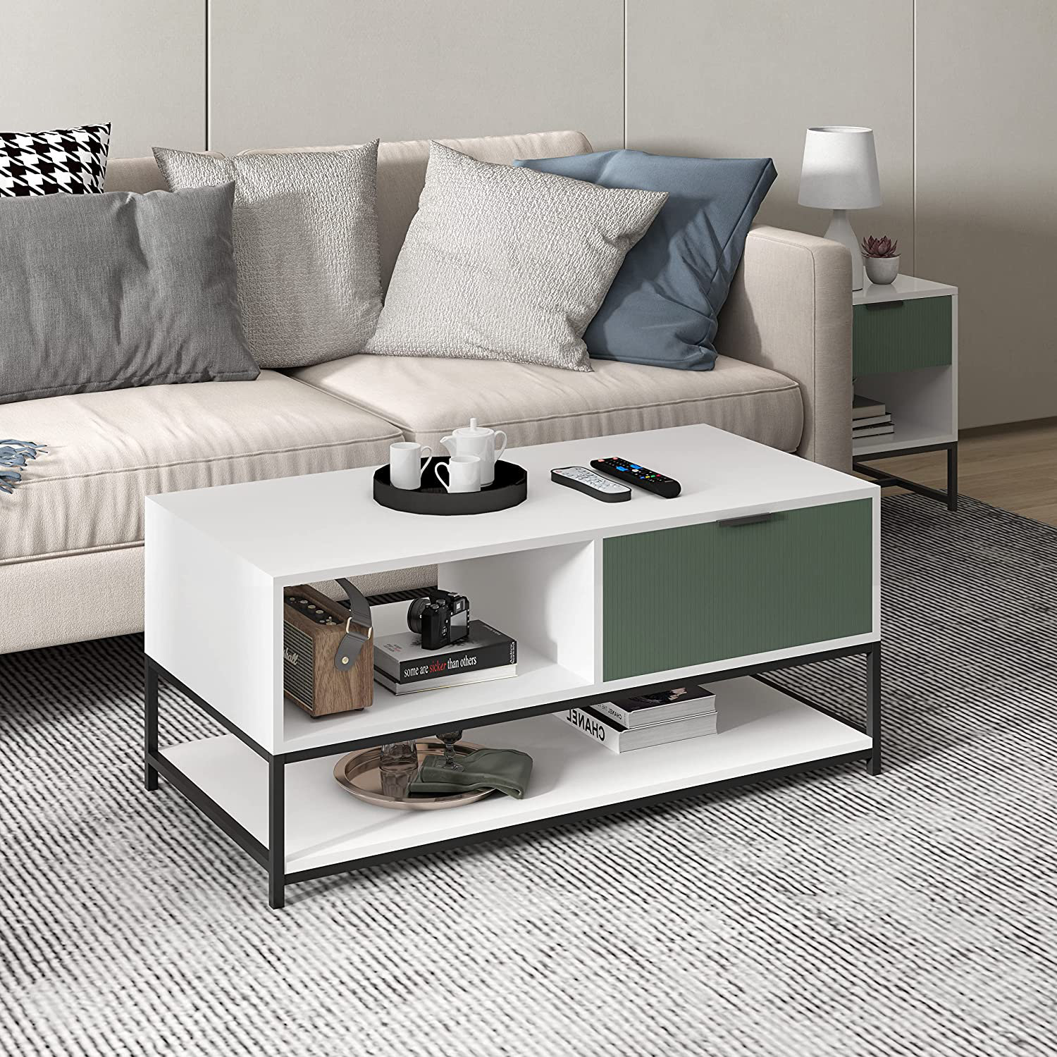 Latitude Run® Watson White And Green Wood Coffee Table Steel Frame With ...