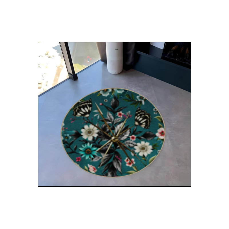 Petrol Green Floral Flower Patterned Round Woven Base Modern Decorative Carpet, Round 2'8"