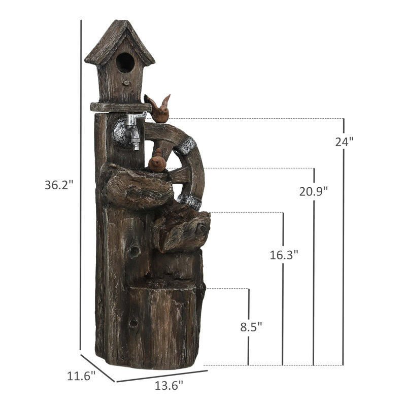 2-in-1 Outdoor Water Fountain with Birdhouse, Outdoor Waterfall Fountain with LED Lights Pump, Tree Trunk Outdoor Water Feature, Resin Garden Fountain, Mixed Color