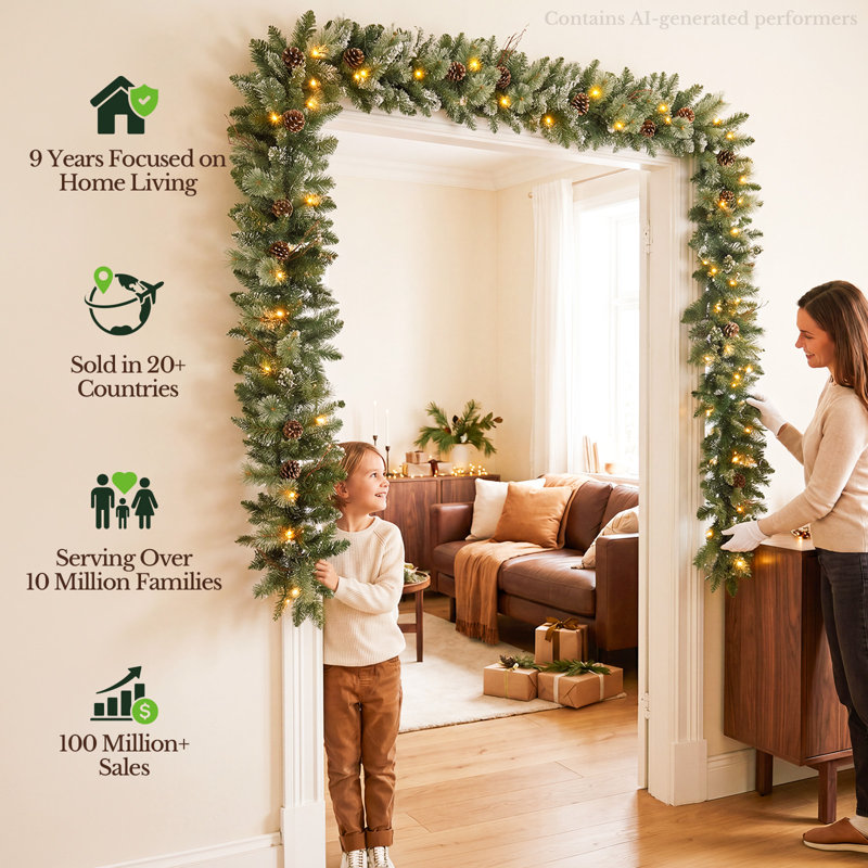 270cm (9ft) Christmas Artificial Snowy Garland, Prelit with Warm LED Lights & Timer