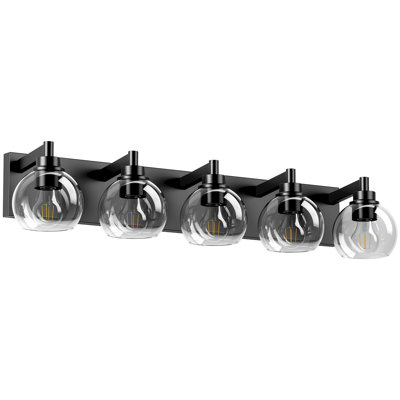 5-Light Matte Black Vanity Light, Modern Globe Glass Bathroom Wall Sconce For Mirror