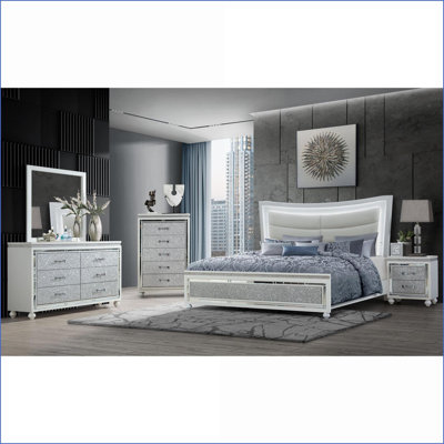 Ensemble de chambre à coucher grand lit, blanc neige moderne avec tête de lit rembourrée Miroirs décoratifs | Bois massif et panneau de fibres à densité moyenne | Lits standard
