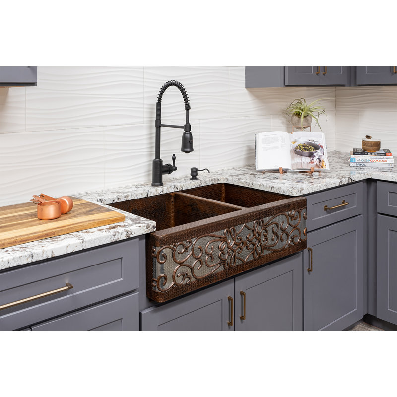 33" Hammered Copper Apron Front 60/40 Double Basin Kitchen Sink w/ Scroll Design and Nickel Background