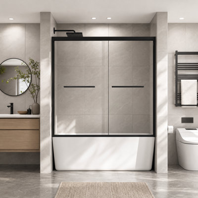 ZHOWI 60"W x 58"H Double Sliding Bathtub Shower Door, 1/4'' (6mm) SGCC Tempered Clear Glass, Reversible Left or Right Installation, Matte Black Aluminum Frame