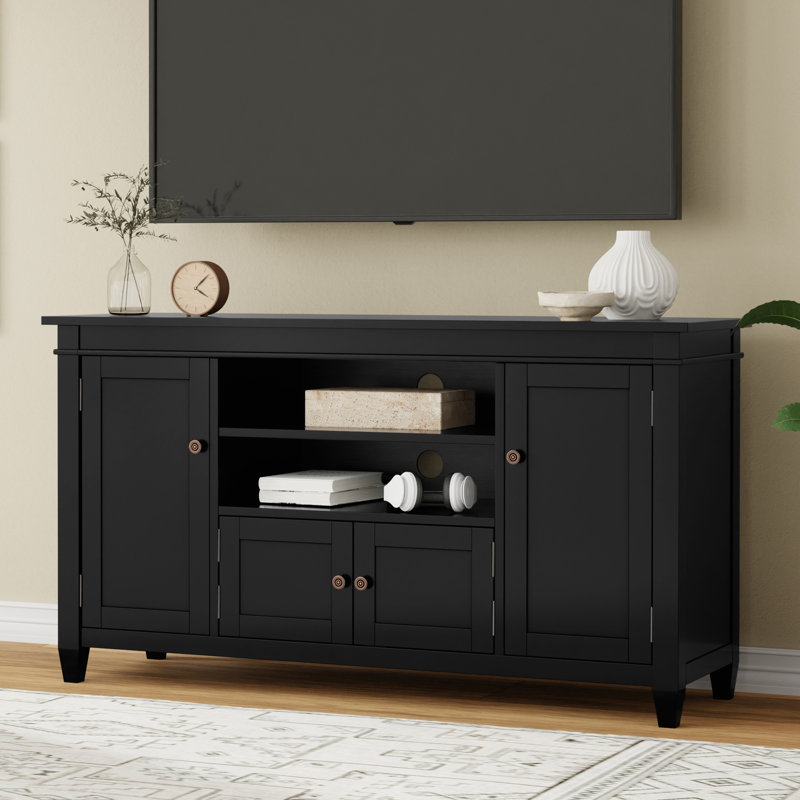 Black Solid Wood TV Media Stand with Cabinets for 60-inch TVs