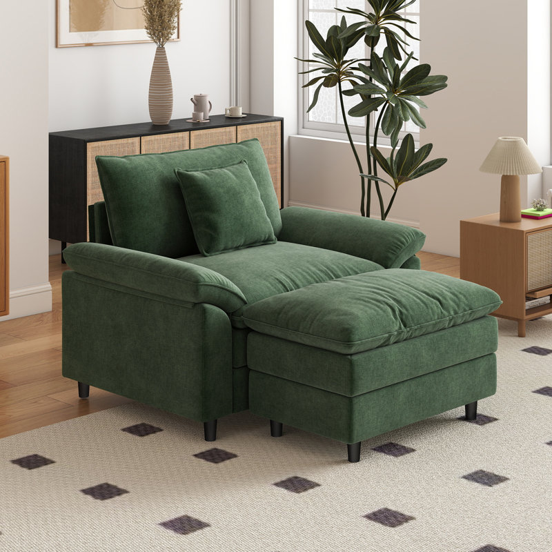 41.3” Wide Chenille Single Seater Sofa With 1 Ottoman, Green