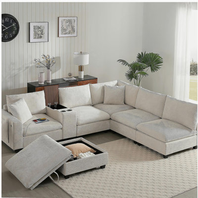 Très grand canapé modulaire de 140 pouces, avec repose-pieds et tableau de bord réglables, sacs de rangement amovibles, porte-gobelets, sièges à coussin large, chargeur USB, canapé en velours 6 places, convient au salon, 2 couleurs