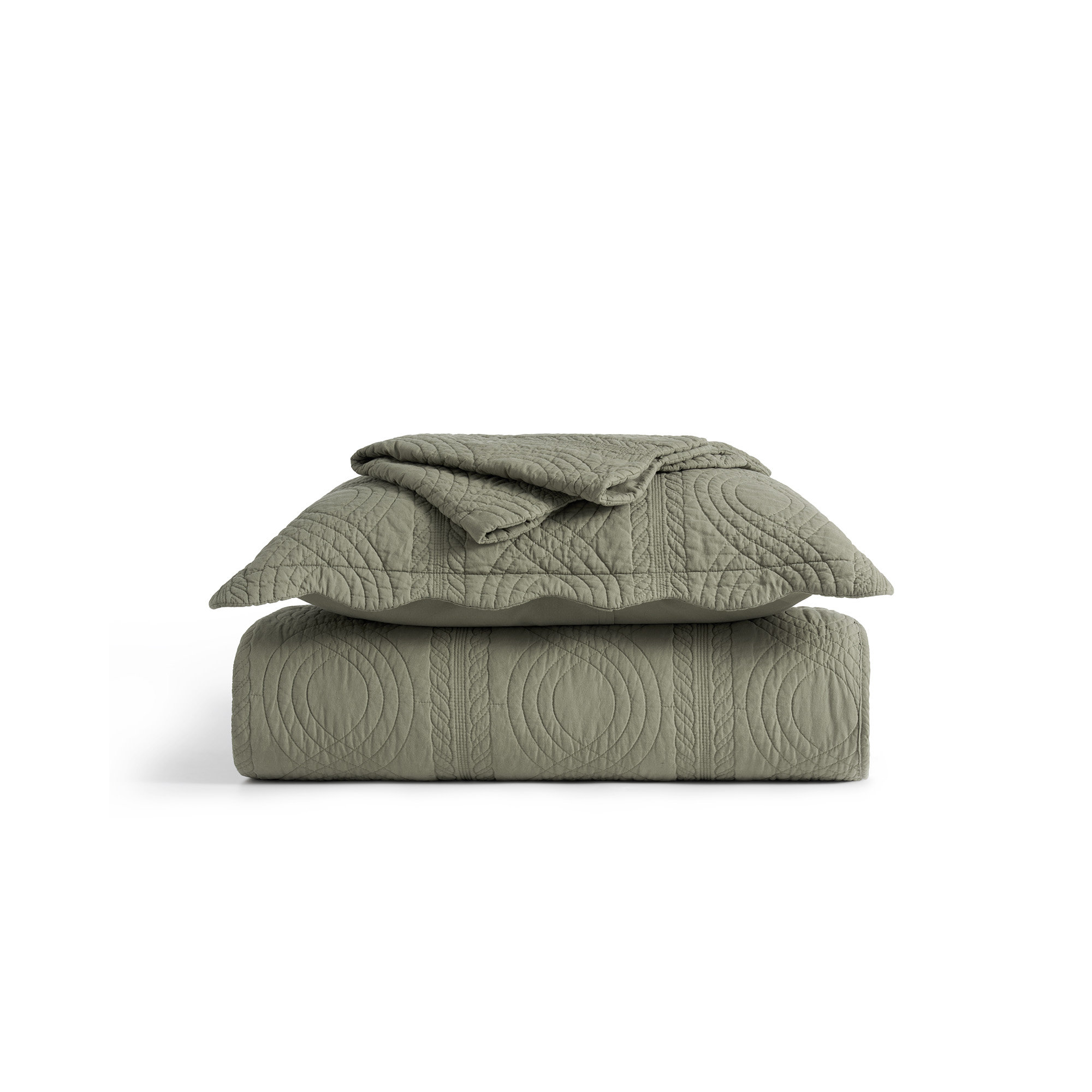 Scallop Edge 100% Cotton Quilt Set, Queen Quilt + 2 Queen Shams, Olive Green