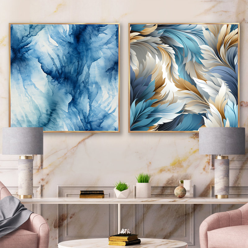 Encre de marbre bleue et blanche Shibori II - ensemble de 2 collages carrés abstraits, Cadre flottant doré, H 30 po x l 61 po