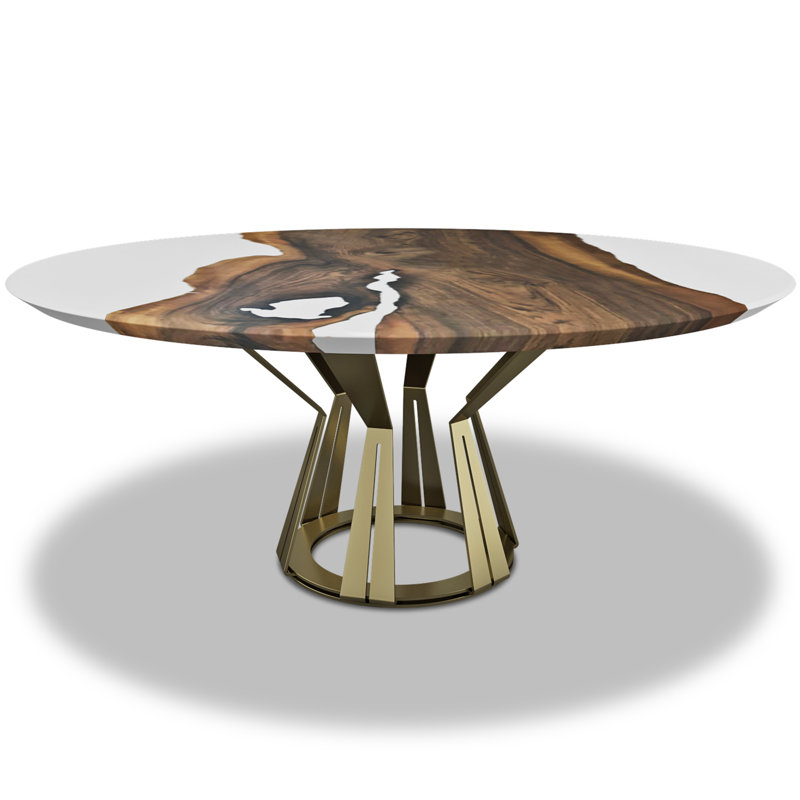 Walnut Round Metal Base Dining Table, White/Brown, Bronze, H75 x L213 x W213cm