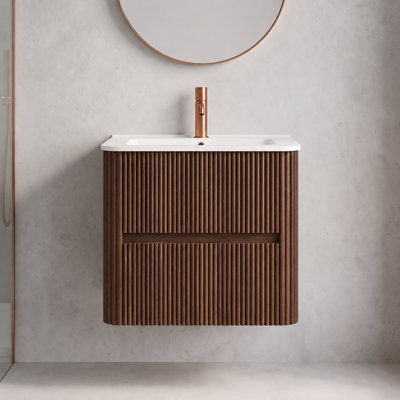 Meuble-lavabo suspendu de 61 cm (24 po) avec lavabo en céramique blanche et deux tiroirs en noyer rétro