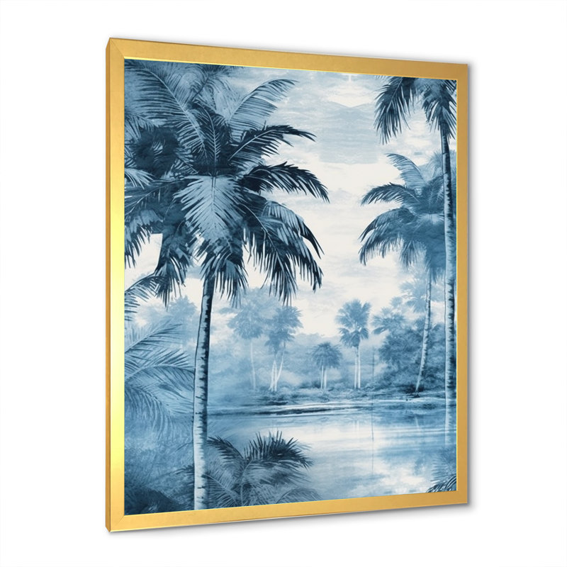 Palmiers bleus rétro, impression sur toile, palmiers, ombres, H 20 po x l 12 po x P 1 po, Cadre doré simple
