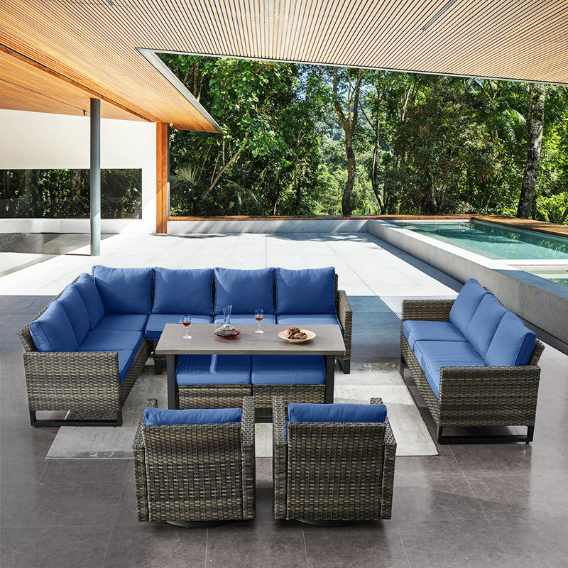 Ingvald Wicker 11 - Person Patio Conversation Set with Cushions, Blue