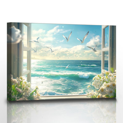 Salle de bain, art mural, fenêtre, paysage, peinture, images, impressions sur toile, oiseaux de mer, affiche