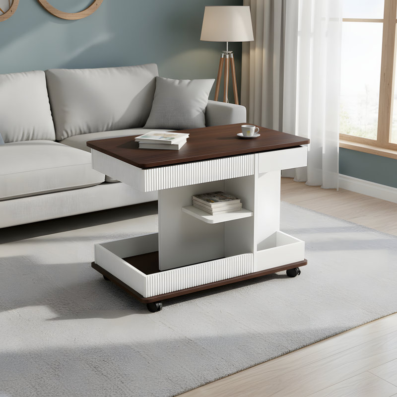 Table d'appoint moderne et multifonctionnelle avec roulettes réglables, y compris une table élévatrice, une table rotative à 360 ° et un espace de rangement, convient aux salons et aux petits espaces