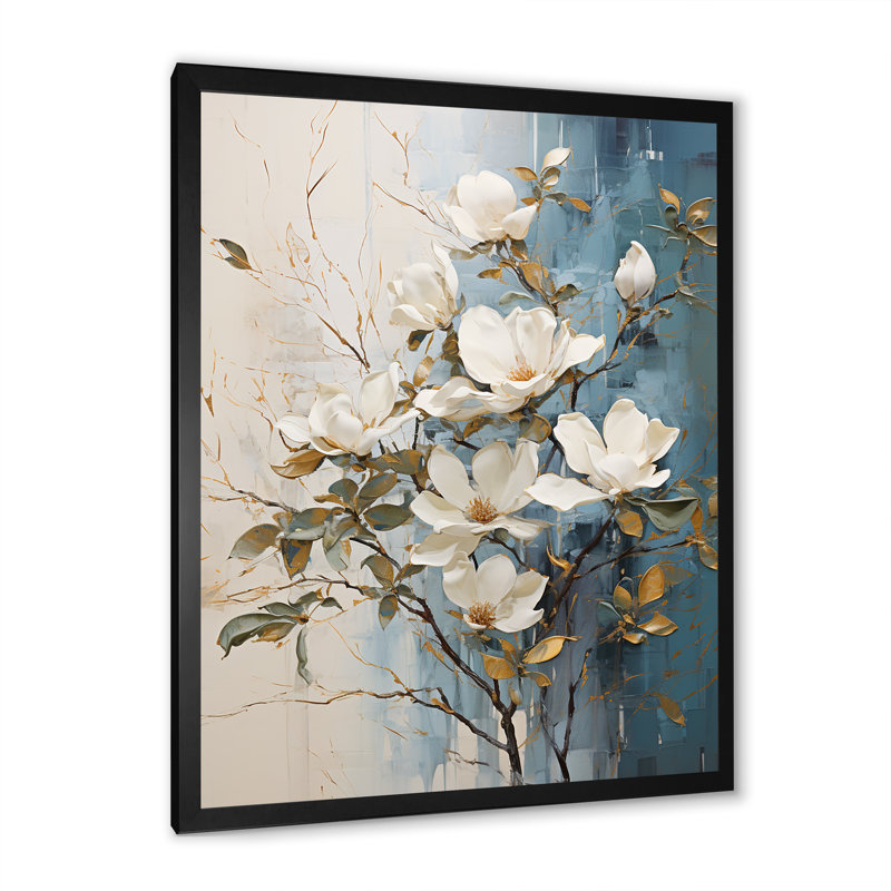 Fleurs de magnolias bleues et blanches Bloom III sur toile, Cadre simple noir, H 32 po x l 16 po x P 1 po