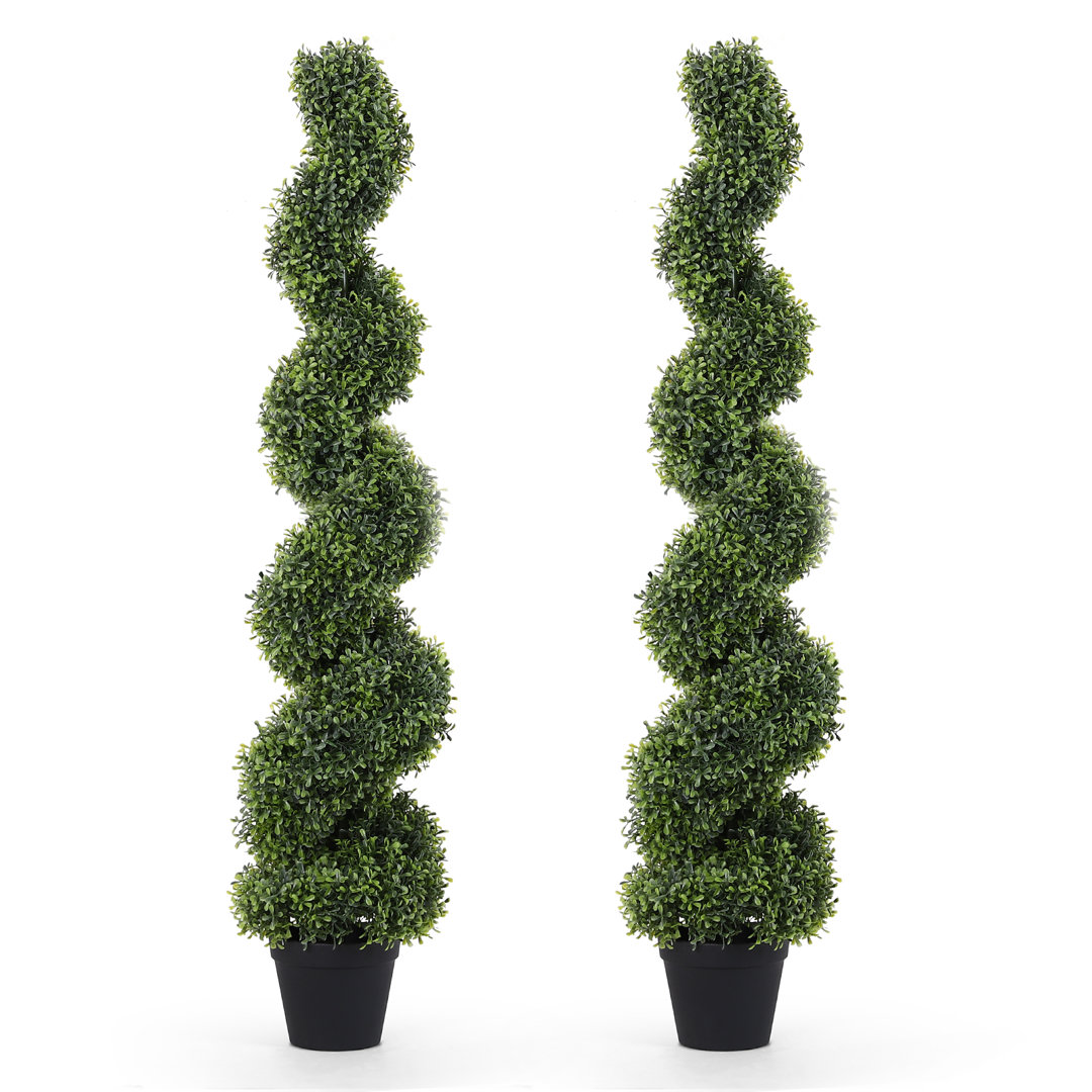 Artificial Potted Spiral Green Boxwood Topiary (Set of 2) Primrue
