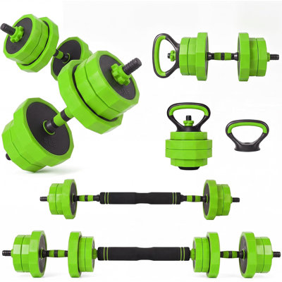 45 lb Green 3 in 1 Adjustable Dumbbell Set with Barbell Connector Kettlebell All in One Home Gym Strength Training Weights for Men Women