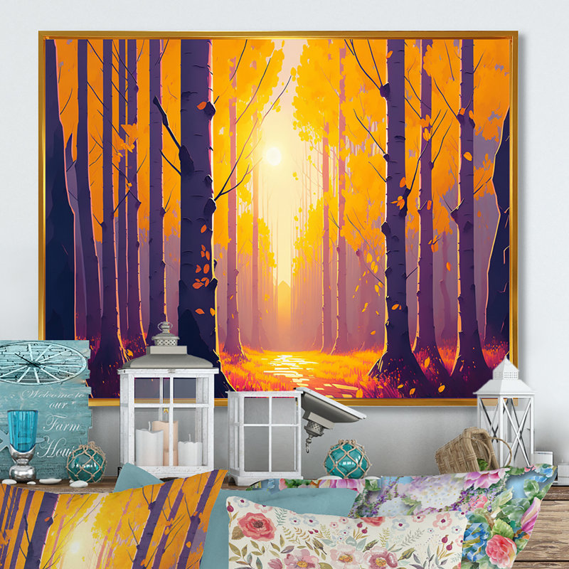 Golden Hour Birch Trees IV - Décoration murale paysage forêt, H 24 po x l 32 po x P 1 po, Toile avec cadre flottant or