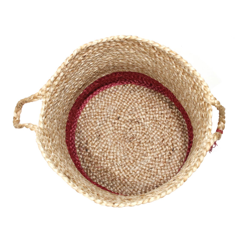 Handwoven Round Tan and Cranberry Red Jute Storage Basket