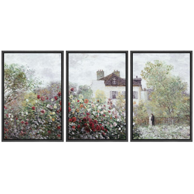 " Enchanted Garden Blossoming Roses, Vintage Cottage Charm Nature Wilderness Illustration Decor " 3 - Pieces on Canvas
