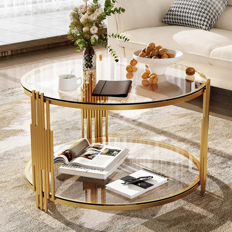 Table basse moderne en verre de 31,5 po, base asymétrique en métal, base cylindrique en métal, Transparent