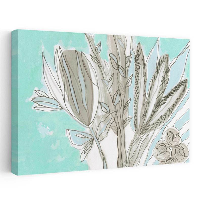 Art mural abstrait printemps été bleu clair clair sur fond gris primitif floral 1, H 40 po x l 60 po