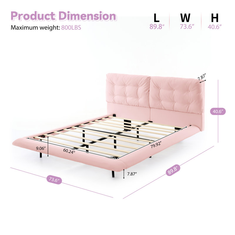 Grand lit plateforme en cuir PU avec tête de lit capitonnée, lumières DEL, sans sommier, facile à assembler, rose, Rose