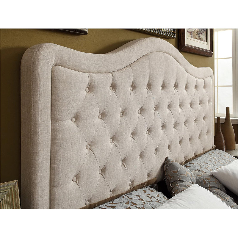 Adjustable Headboard with Fine Linen Upholstery and Button Tufting for Bedroom, Beige, Queen