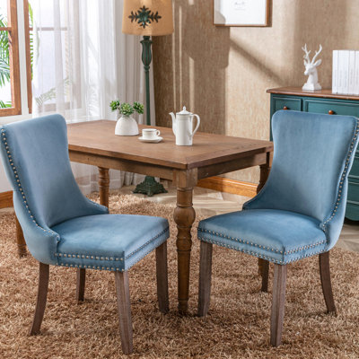 Dining Chair Pair, Blue Velvet, Solid Wood Construction, High Density Foam Cushion, American Style Velvet Upholstered Seats  2 , Legs, Mid-Century Look, Comfortable Sitting, Design