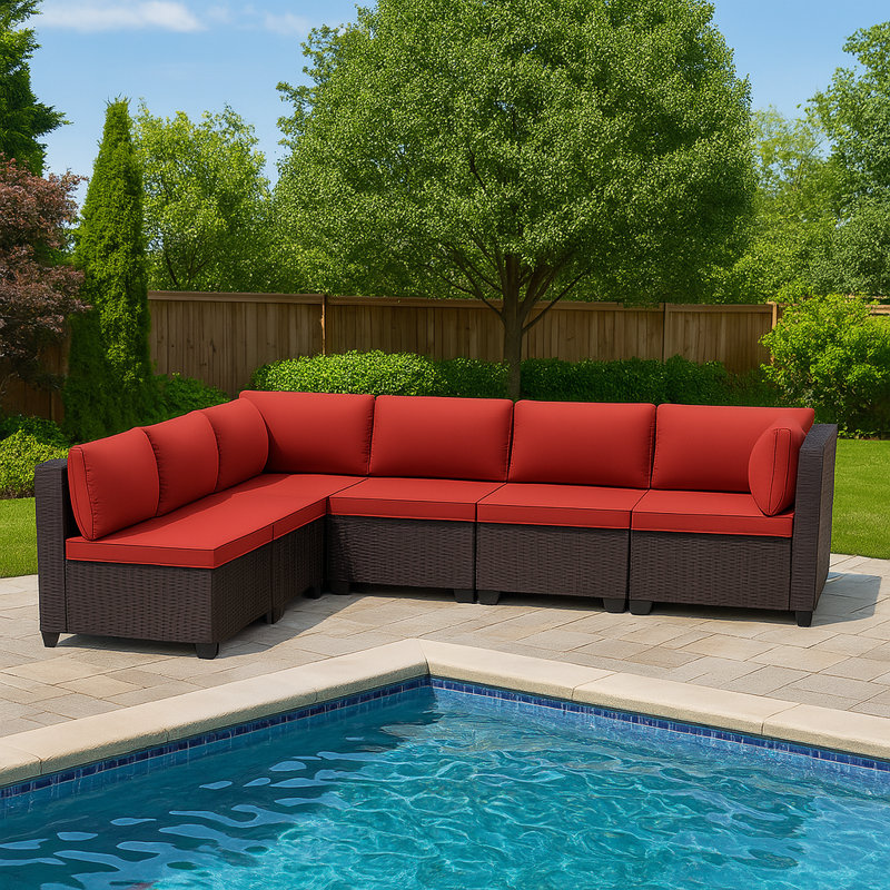 Ensemble de canapé modulaire en forme de L en osier 6 pièces avec coussins en PEHD toutes saisons, Rouge