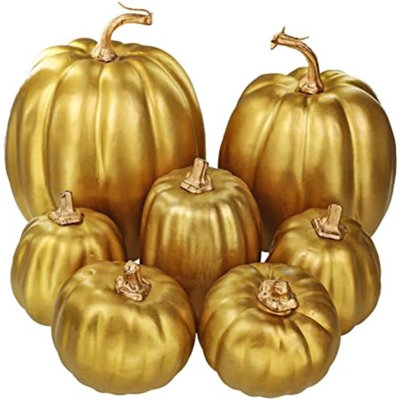 7 Pcs Assorted Sizes Gold Artificial Pumpkins And Gourds Foam Pumpkins Decorative Pumpkins For Fall Wedding Thanksgiving Table Centerpiece Shelf Mantel Farmhouse Rustic Décor
