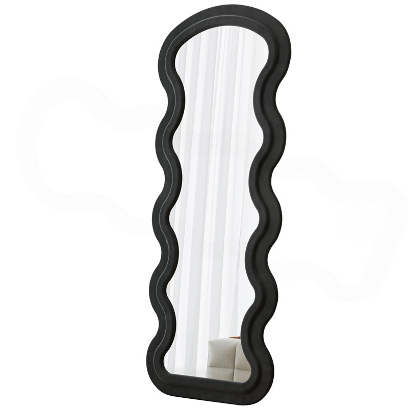 Flannel Full Length Wave Floor Mirror With Stand For Bedroom Living Room Hanging Or Against The Wall, Black
