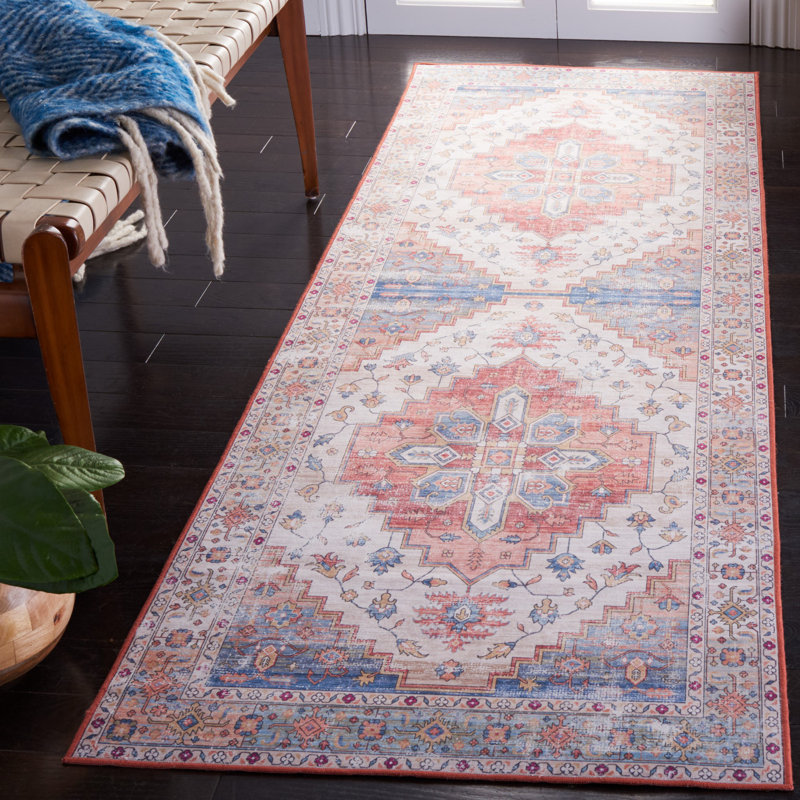 Tucson Machine Washable Non-Slip Area Rug In Blue & Red, Runner 76 x 244cm