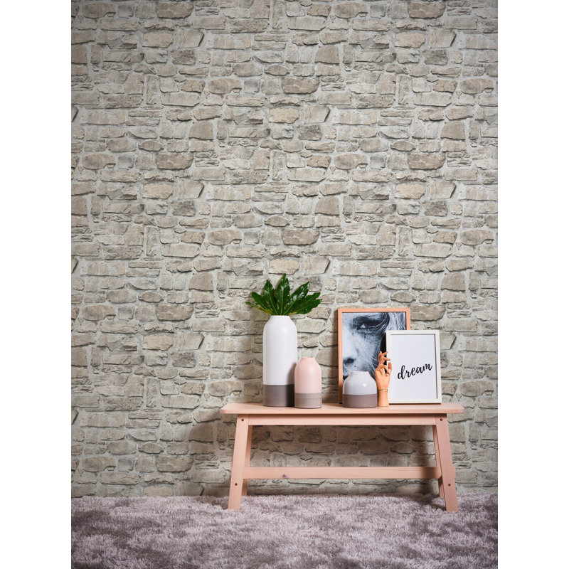 Bricks and More Collection Stone Symphony Motif Wallpaper Roll, Gray