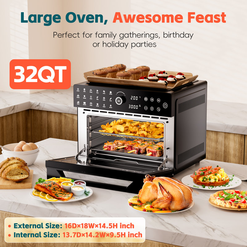 32QT Air Fryer Oven Combo, 18-in-1 Convection Oven , Extra Large Fits 13" Pizza, Digital Display & Precise Temperature Control, Stainless Steel, Includes 7 Accessories.