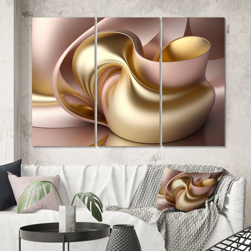 Minimal liquide or et vagues de taupe VI - ensemble abstrait d'art sur toile à encre liquide abstraite, Toile tendue