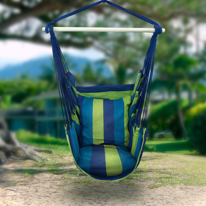 Blue and Green Striped Hanging Hammock Chair with Cushions