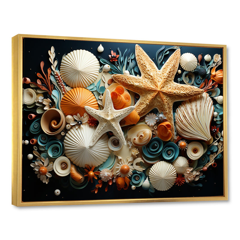Collage moderne de coquillages de plage - art mural océan, Cadre flottant doré, H 16 po x l 32 po x P 1 po