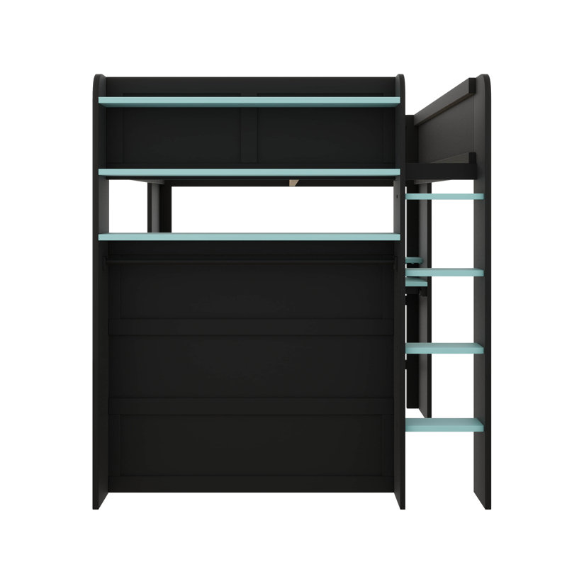 Lit superposé double avec bureau à hauteur réglable, garde-robe et éclairage RVB inclus, Noir / Bleu