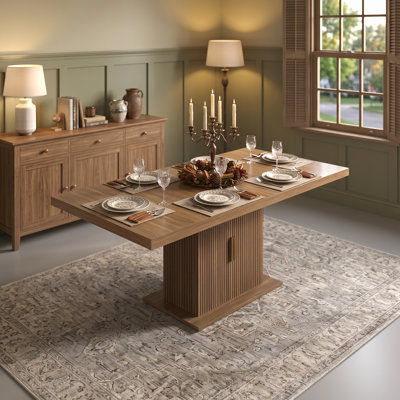 Modern Minimalist Expandable Dining Table with Central Storage Cabinet and Slatted Doors