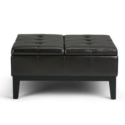 Dover 36"W Upholstered Vegan Leather Contemporary Square Coffee Table Storage Ottoman with Split Lift-Top