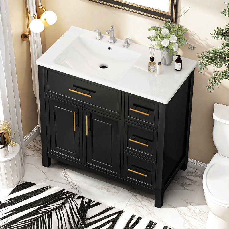36 Inch Single Bathroom Vanity With Ceramic Sink Top, Bathroom Vanity Cabinet With 3 Drawers And 2 Doors, Black