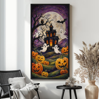 Haunted House Halloween Night Artwork, Living Room Pictures, Framed Canvas Giclee Print Wall Art