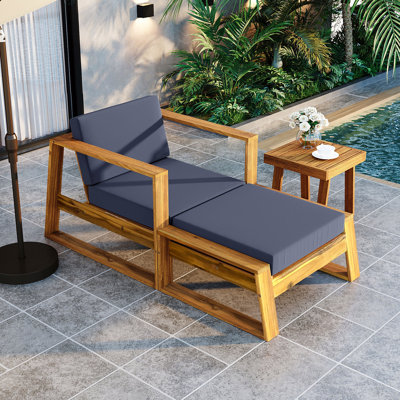 Acacia Wood Outdoor Lounge Set - Chair And Ottoman With Adjustable Backrest And Removable Cushions, All-Weather Outdoor Chaise Lounge/Daybed, Perfect For Patios, Balconies, And Gardens